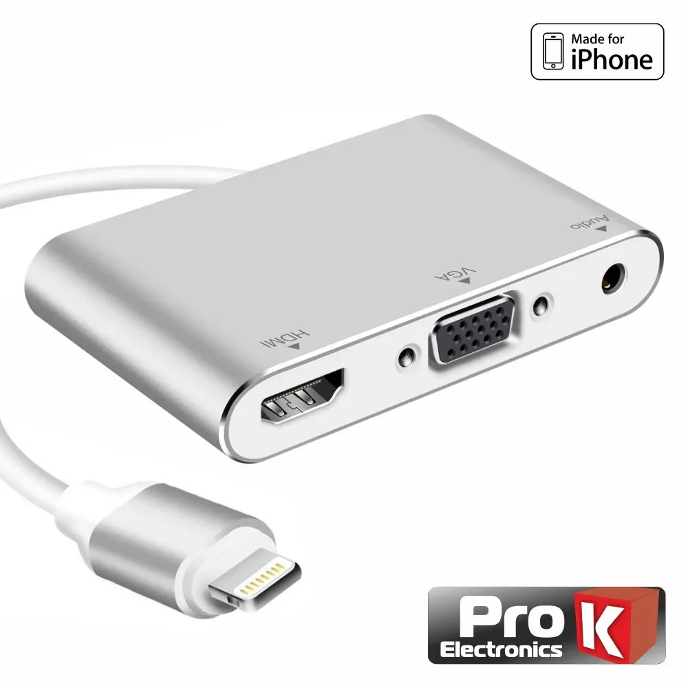 Adaptador iPhone Lightning Macho / VGA+HDMI+AV - PROK