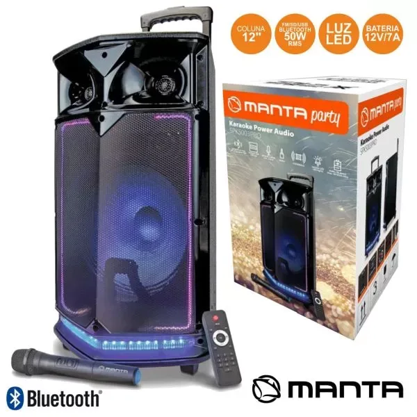 Coluna Amplificada Portátil 12" 500W - USB / FM / SD / BT / BAT - MANTA