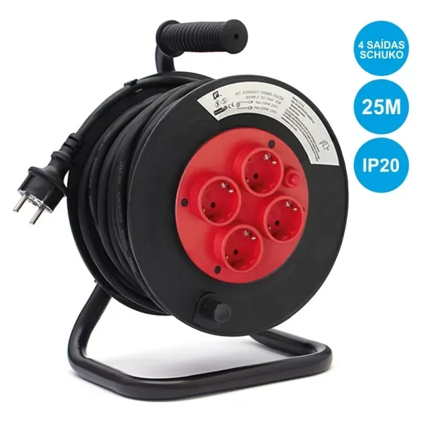 Extensão Eléctrica Rolo - 4 Vias / 25MT / IP20 / Profissional - PROPREMIUM