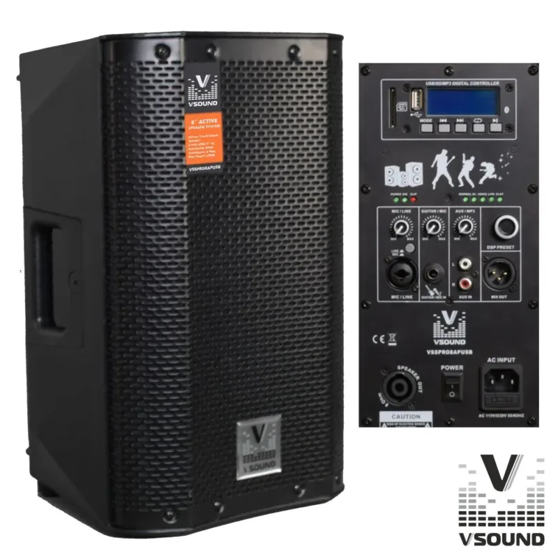 Coluna Amplificada 8" 300W - USB / SD / FM / BT / Speakon OUT - VSOUND