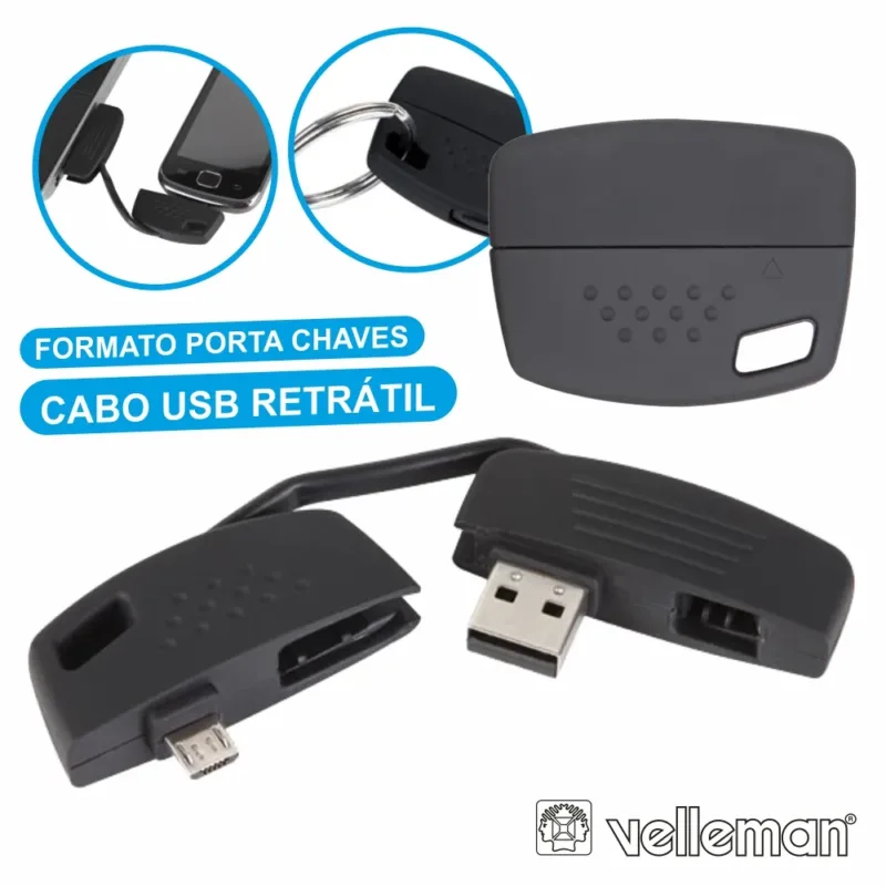 Cabo USB-A 2.0 - Micro USB / 5V / 1A / Porta chaves - VELLEMAN