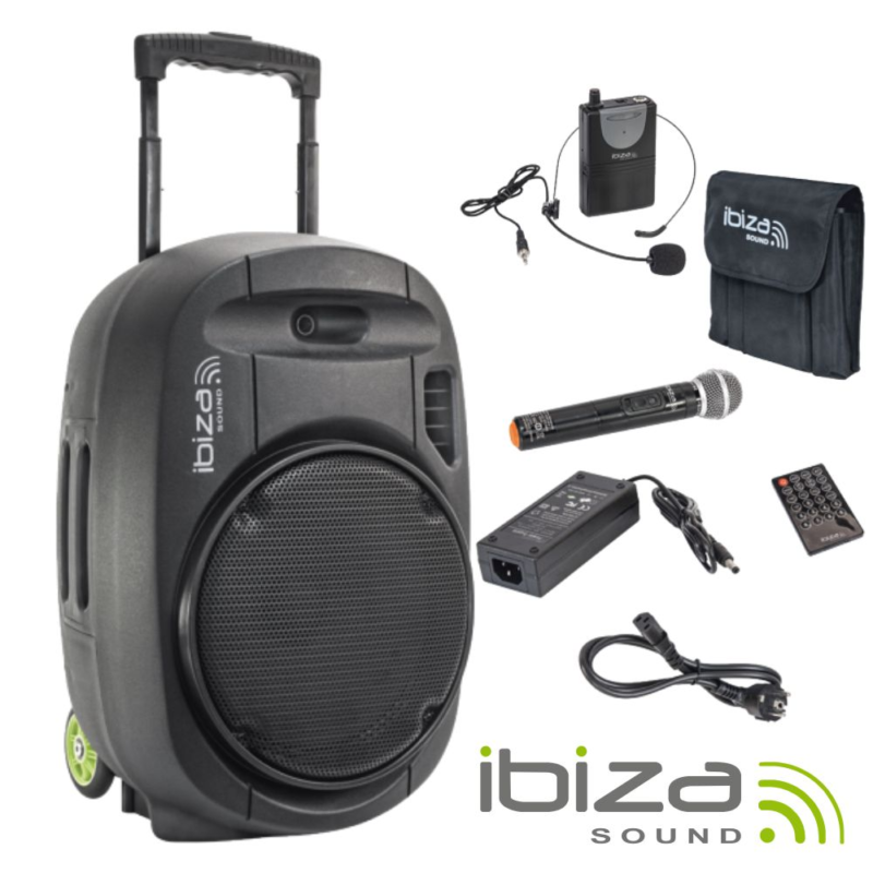 Coluna Amplificada Portátil 15" 800W - USB / BT / SD / BAT / 2x MIC VHF - IBIZA