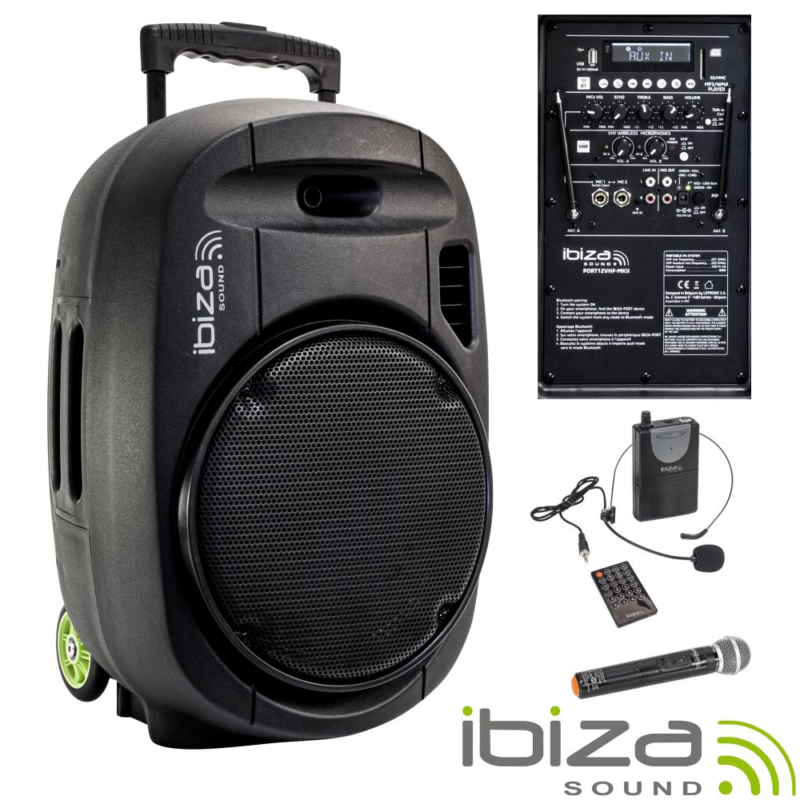 Coluna Amplificada Portátil 12" 700W - USB / BT / SD / BAT / 2x MIC VHF - IBIZA