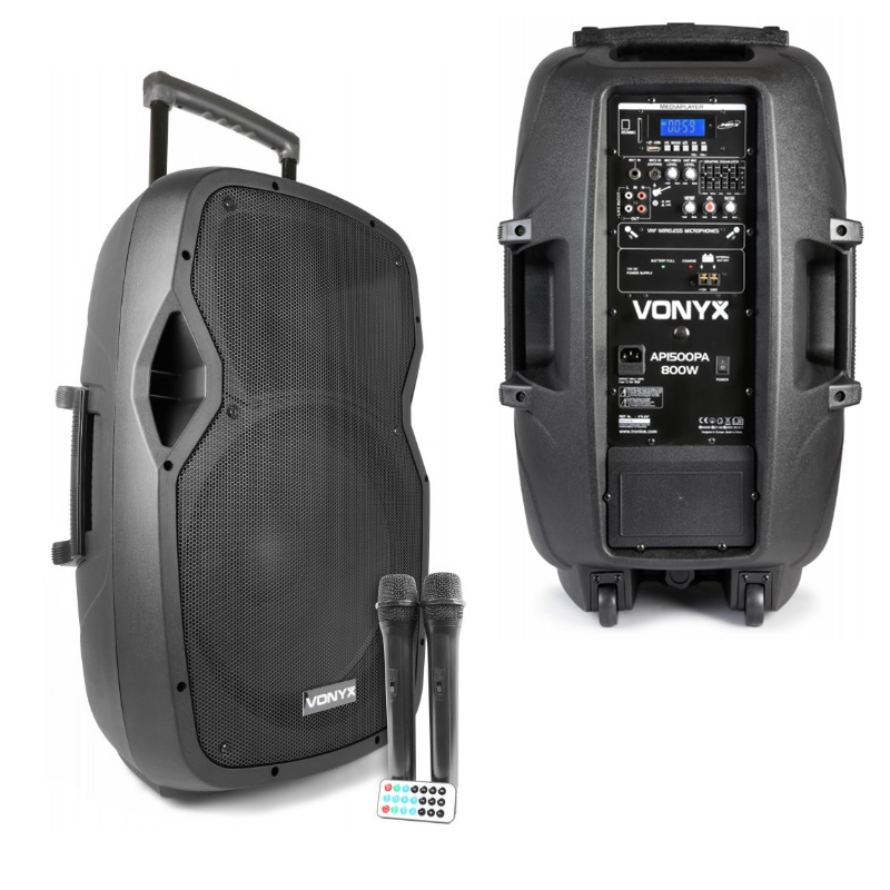Coluna Amplificada Portátil 15" 800W - USB / BT / SD / BAT / 2x MIC UHF- VONYX