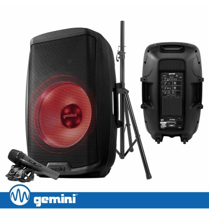 Coluna Amplificada 15″ 2000W - SD / USB / BT / AUX / TWS / MIC / Suporte - GEMINI